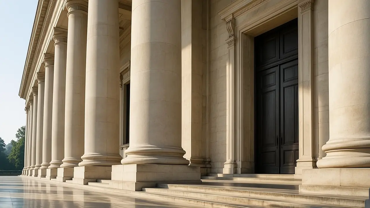Illustrative stone colonnade and doorway