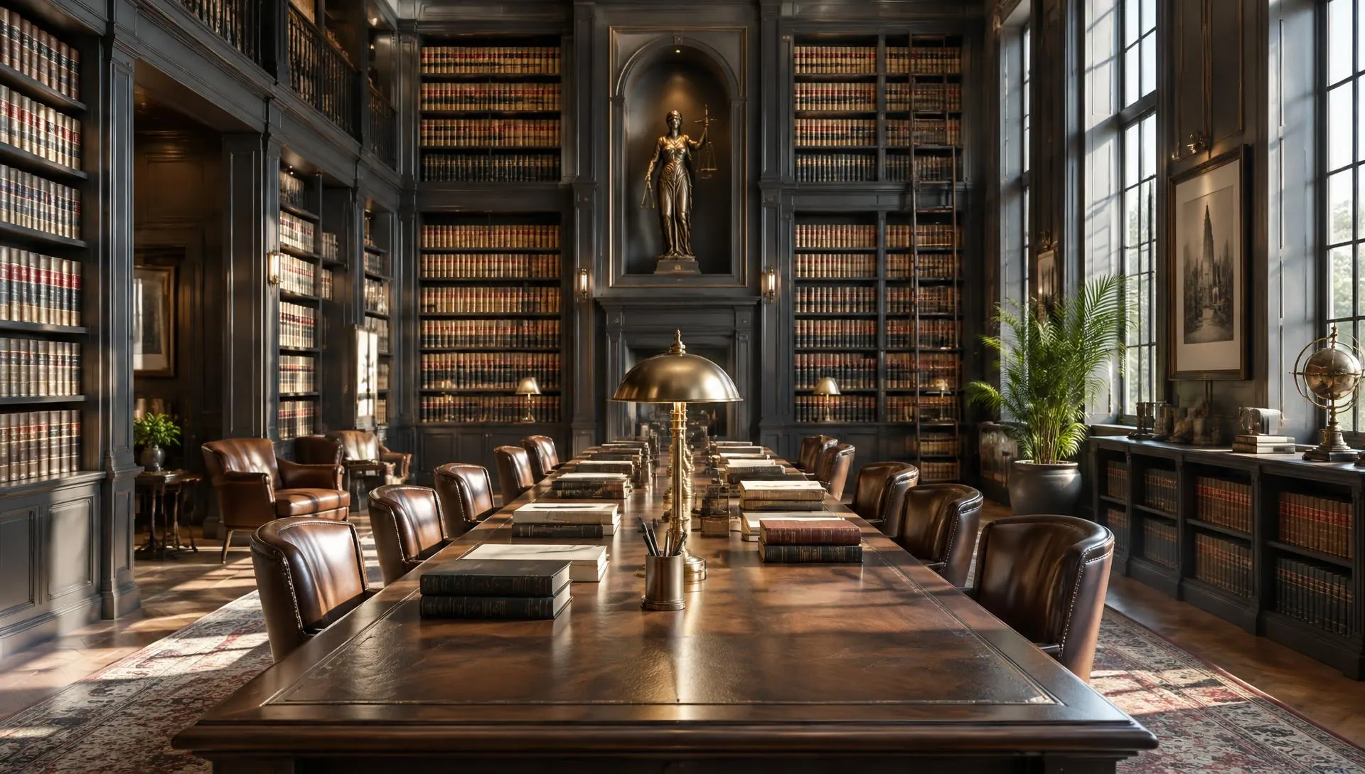 Sunlit law library with bookshelves and a long reading table